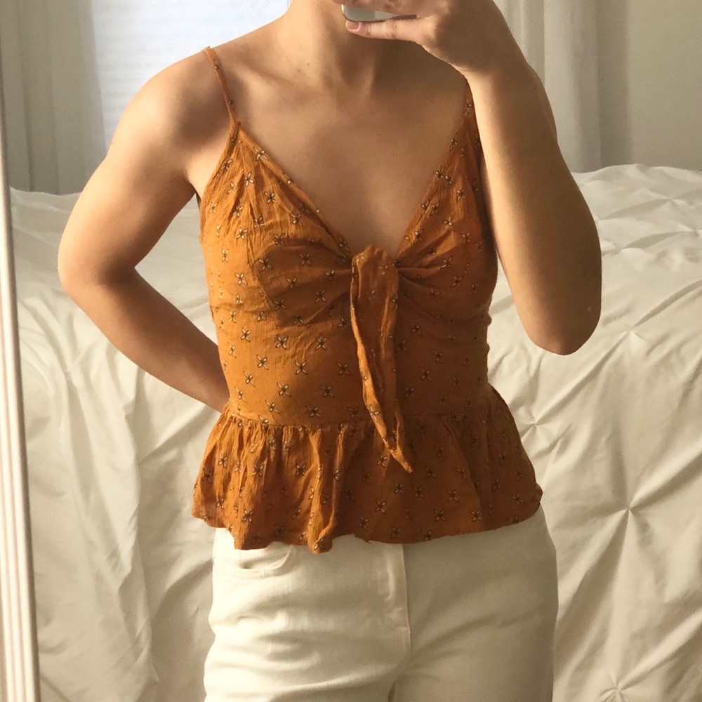 Orange Small Flower Tie Front Sleeveless Top